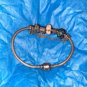 Genuine Barrel Clasp Bracelet with 6 charms, rhinestones